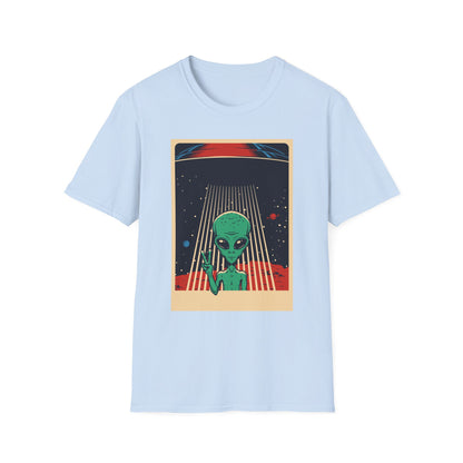 Cosmic Alien Peace Unisex Softstyle T-Shirt, Vintage UFO Tee, Space Lover Gift, Sci-Fi Fan Shirt, Trendy Graphic Tee, GraphicTees, t-shirts