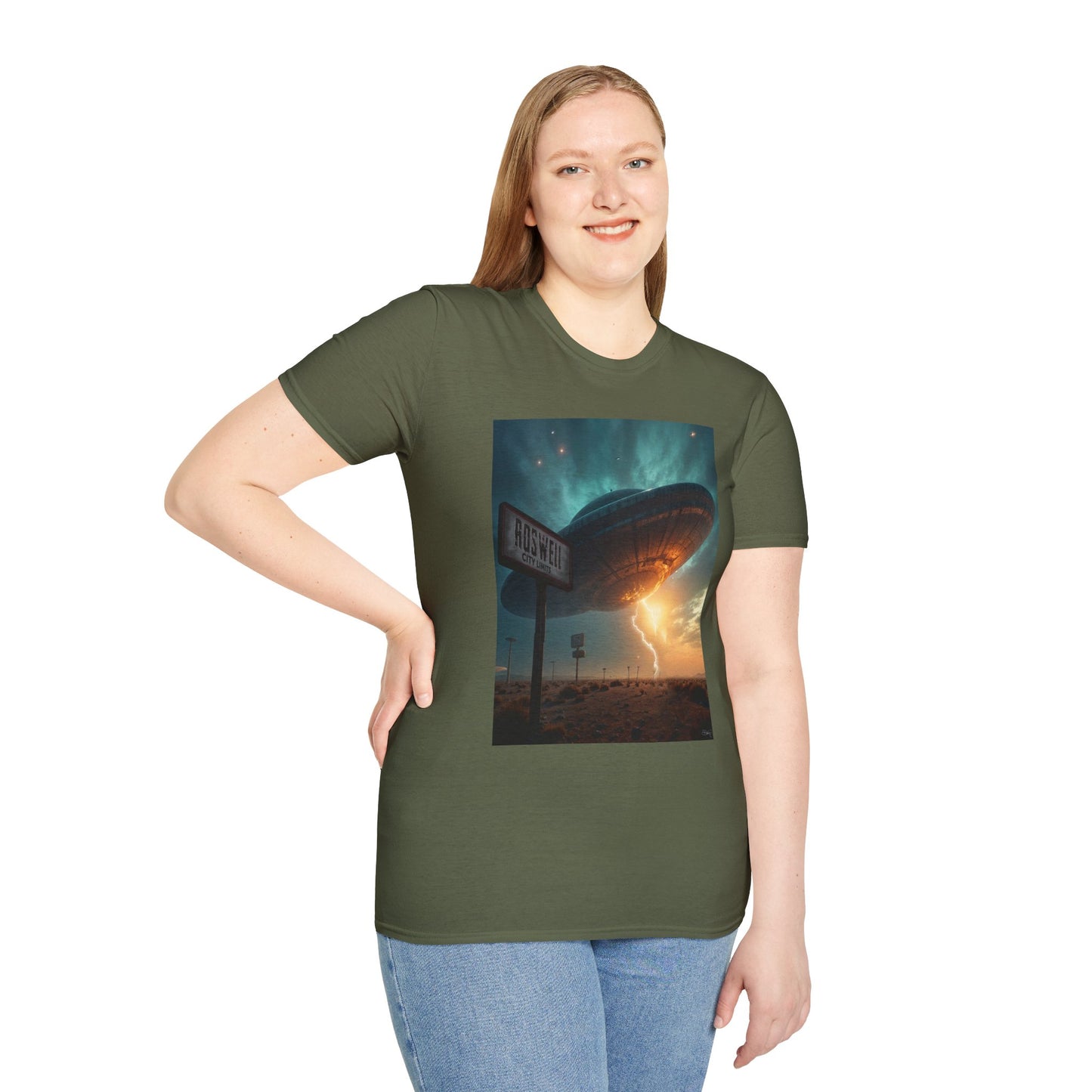 Roswell City Limits, Alien Sunset Softstyle T-Shirt | Unisex Graphic Tee, UFO Theme Shirt, Casual, Gift for Sci-Fi Lovers, Summer Fashion