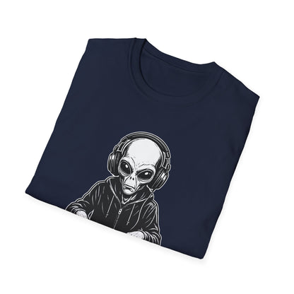 DJ Alien Graphic T-Shirt | Unisex Softstyle Tee for Music Lovers, Gifts for DJs, Cool Casual Wear, Festival Apparel, Unique Alien Design