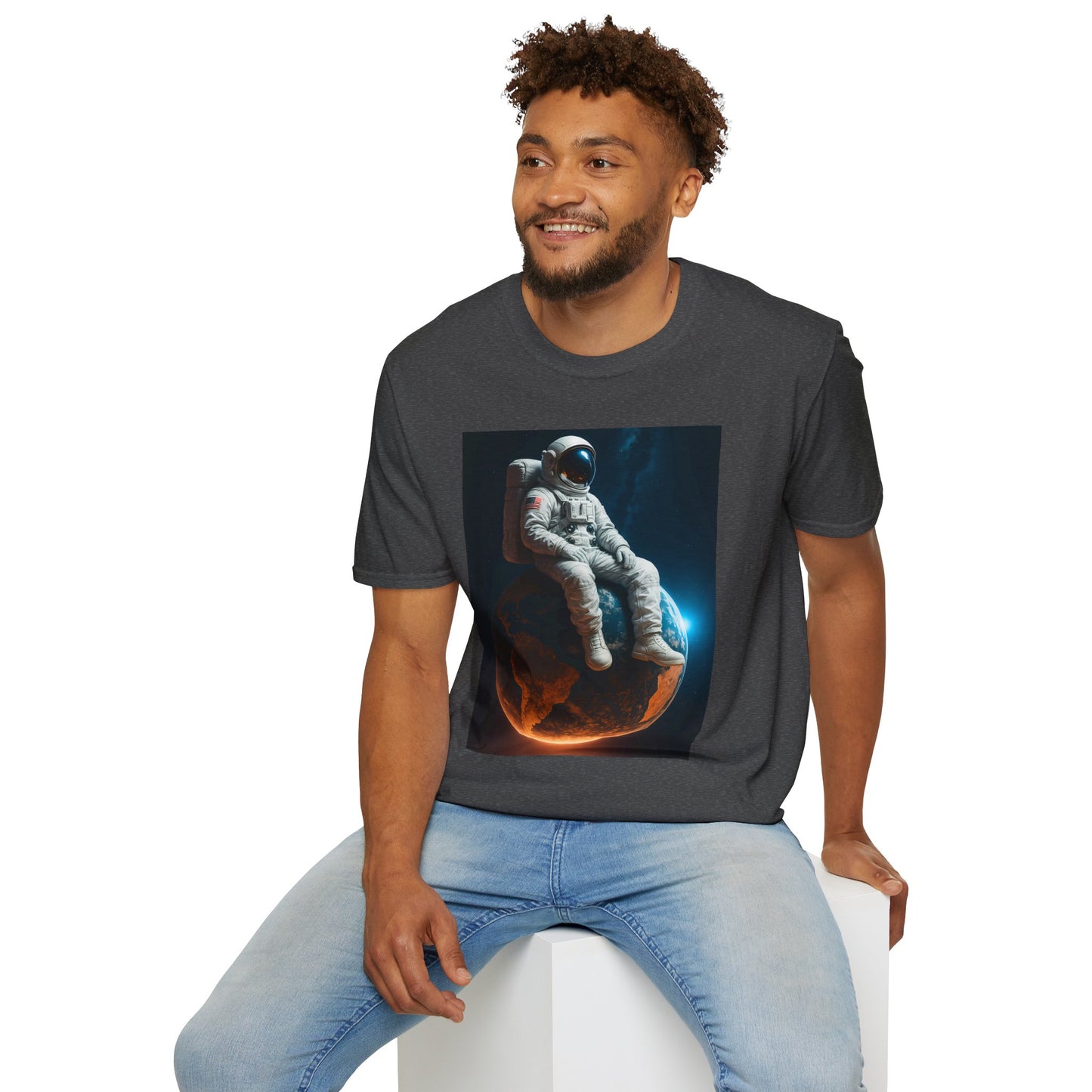 Sitting on an Earth, Cosmic Astronaut T-Shirt, Unisex Graphic Tee, Space Lover Gift, Casual Wear, Astronomy Fan Shirt, Graphic Tee, t-shirt, tshirt, png