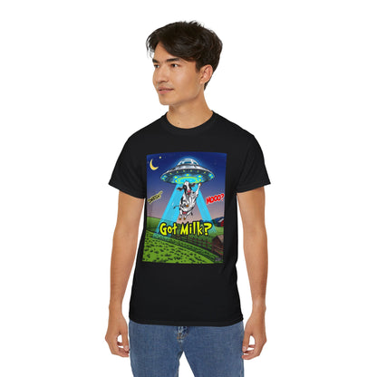 Got Milk? Funny Unisex Ultra Cotton Tee - Humorous Cow and UFO Design, graphic tee, t-shirts, tshirt, png, sublimation