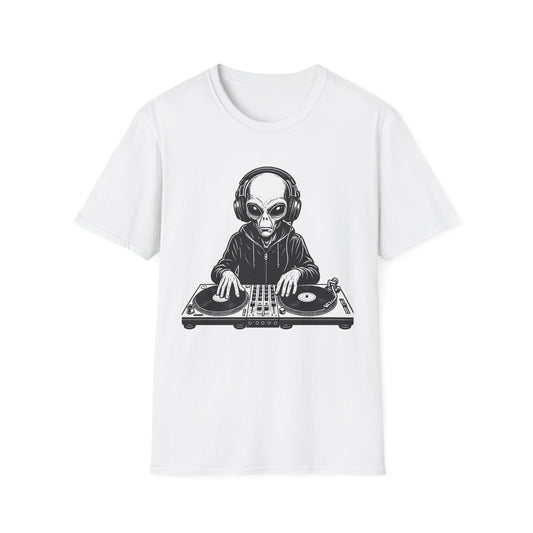 DJ Alien Graphic T-Shirt | Unisex Softstyle Tee for Music Lovers, Gifts for DJs, Cool Casual Wear, Festival Apparel, Unique Alien Design