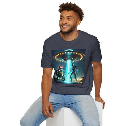 Alien Encounter Unisex Softstyle T-Shirt | Sci-Fi Fan Gift, Superhero Tee, UFO Shirt, Casual Wear, Unique Graphic T-Shirt