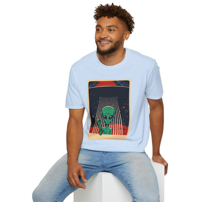 Cosmic Alien Peace Unisex Softstyle T-Shirt, Vintage UFO Tee, Space Lover Gift, Sci-Fi Fan Shirt, Trendy Graphic Tee, GraphicTees, t-shirts