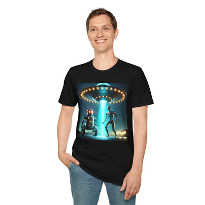 Alien Encounter Unisex Softstyle T-Shirt | Sci-Fi Fan Gift, Superhero Tee, UFO Shirt, Casual Wear, Unique Graphic T-Shirt