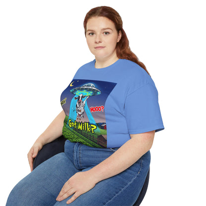 Got Milk? Funny Unisex Ultra Cotton Tee - Humorous Cow and UFO Design, graphic tee, t-shirts, tshirt, png, sublimation