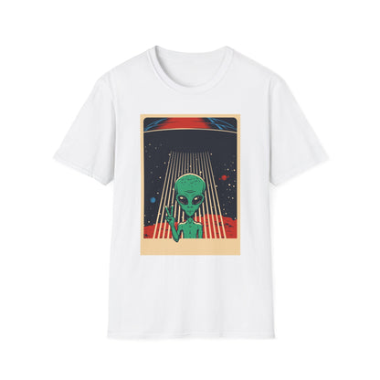 Cosmic Alien Peace Unisex Softstyle T-Shirt, Vintage UFO Tee, Space Lover Gift, Sci-Fi Fan Shirt, Trendy Graphic Tee, GraphicTees, t-shirts