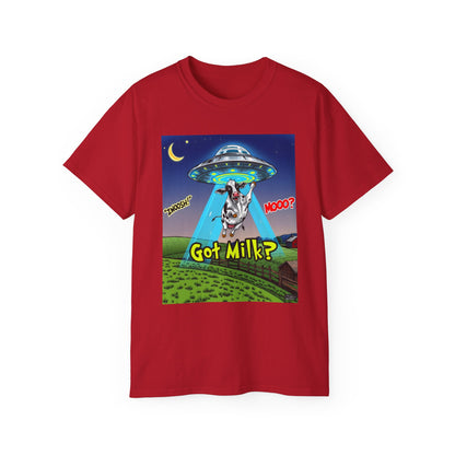 Got Milk? Funny Unisex Ultra Cotton Tee - Humorous Cow and UFO Design, graphic tee, t-shirts, tshirt, png, sublimation