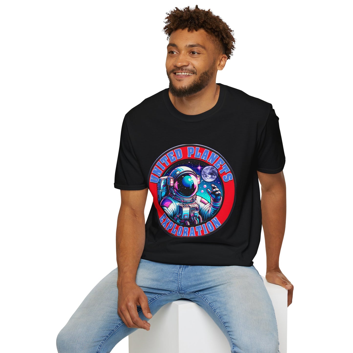 United Planets Exploration Astronaut T-Shirt, Science Themed Tee, Outer Space Shirt for Gift, Birthday, Unisex Softstyle Apparel