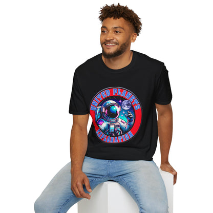 United Planets Exploration Astronaut T-Shirt, Science Themed Tee, Outer Space Shirt for Gift, Birthday, Unisex Softstyle Apparel