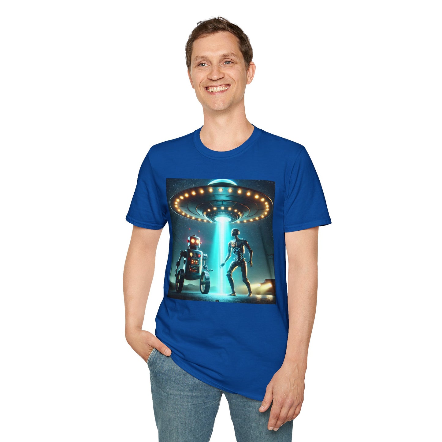 Alien Encounter Unisex Softstyle T-Shirt | Sci-Fi Fan Gift, Superhero Tee, UFO Shirt, Casual Wear, Unique Graphic T-Shirt