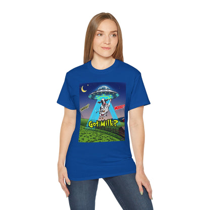 Got Milk? Funny Unisex Ultra Cotton Tee - Humorous Cow and UFO Design, graphic tee, t-shirts, tshirt, png, sublimation
