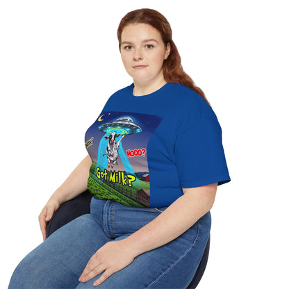 Got Milk? Funny Unisex Ultra Cotton Tee - Humorous Cow and UFO Design, graphic tee, t-shirts, tshirt, png, sublimation