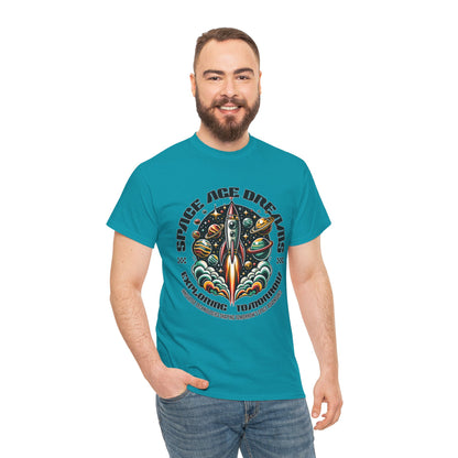 Space Age Dreams, Unisex Heavy Cotton Tee - Retro Rocket Design for Space Lovers, graphic design, png