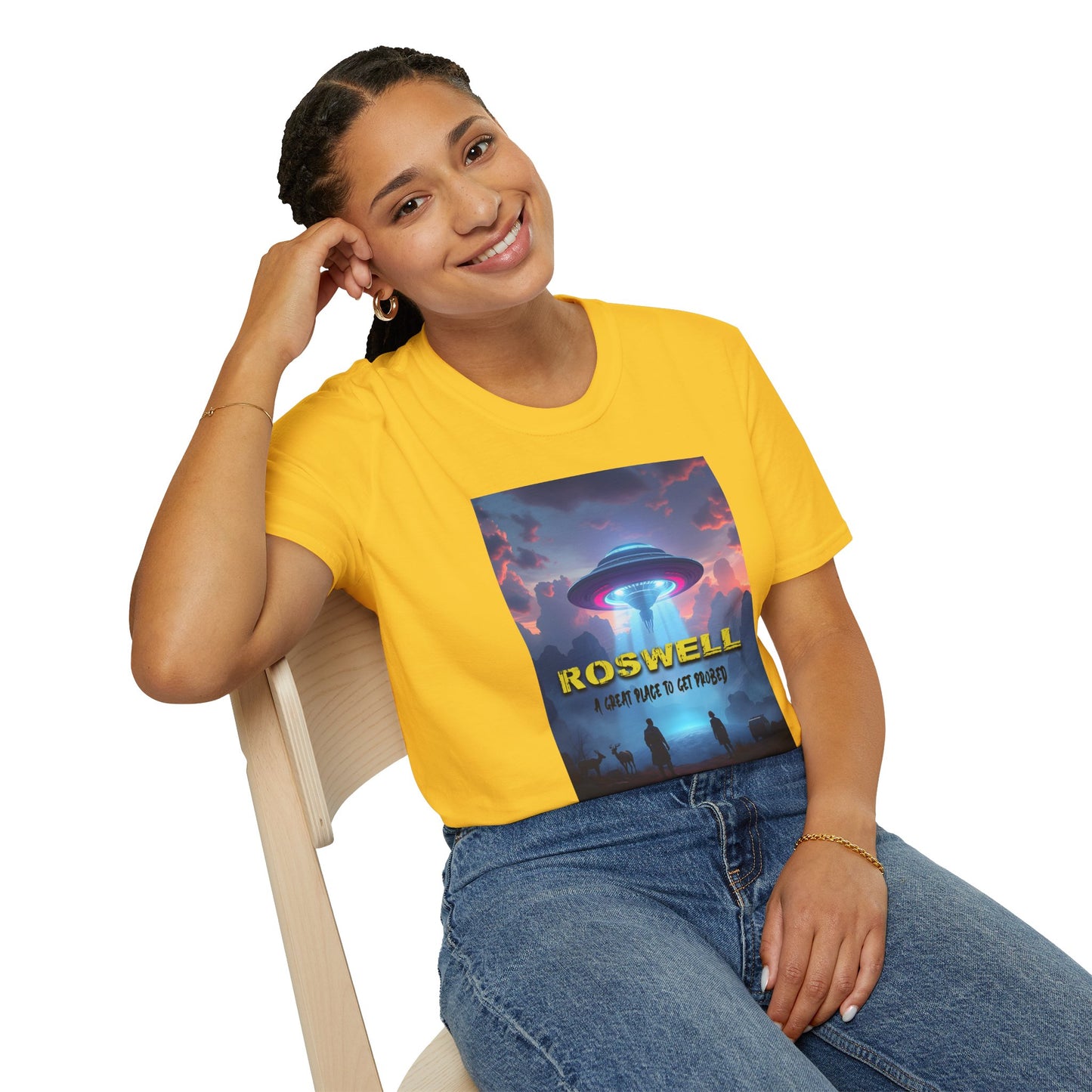 Roswell Probed Retro T-Shirt - Alien UFO Lover Gift, Sci-Fi Apparel, Extraterrestrial Tee, Unisex Softstyle Clothing, graphic design, png