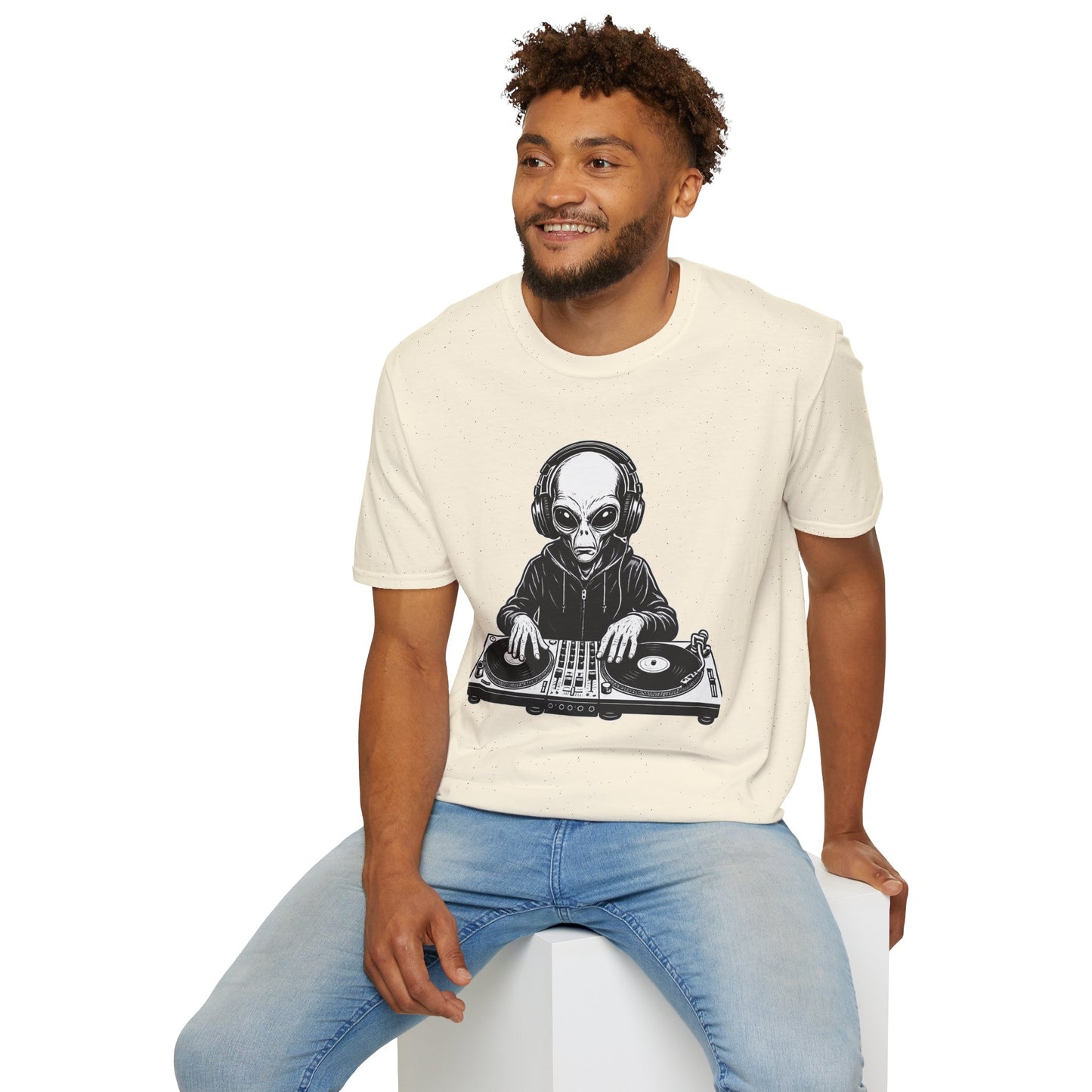 DJ Alien Graphic T-Shirt | Unisex Softstyle Tee for Music Lovers, Gifts for DJs, Cool Casual Wear, Festival Apparel, Unique Alien Design