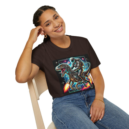 Cosmic Dinosaur Rider Softstyle T-Shirt | Fun Graphic Tee, Unique Gift, Space Lover Shirt, Sci-Fi Enthusiast Apparel