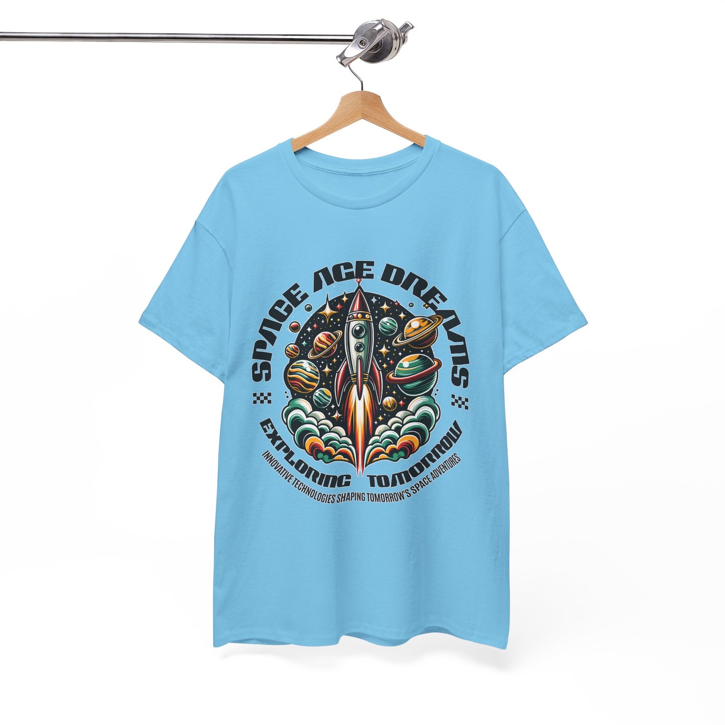 Space Age Dreams, Unisex Heavy Cotton Tee - Retro Rocket Design for Space Lovers, graphic design, png