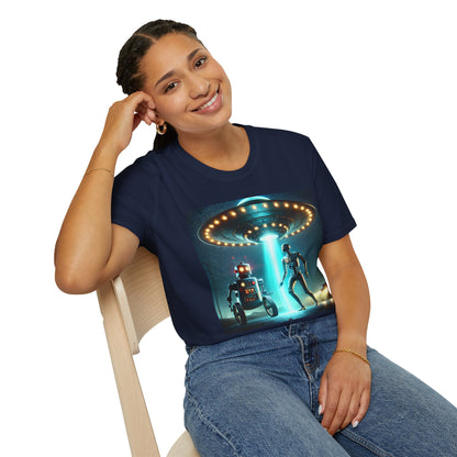 Alien Encounter Unisex Softstyle T-Shirt | Sci-Fi Fan Gift, Superhero Tee, UFO Shirt, Casual Wear, Unique Graphic T-Shirt