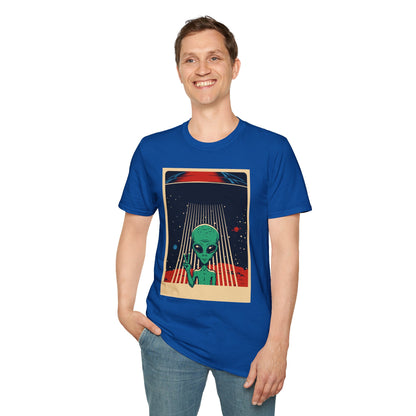 Cosmic Alien Peace Unisex Softstyle T-Shirt, Vintage UFO Tee, Space Lover Gift, Sci-Fi Fan Shirt, Trendy Graphic Tee, GraphicTees, t-shirts