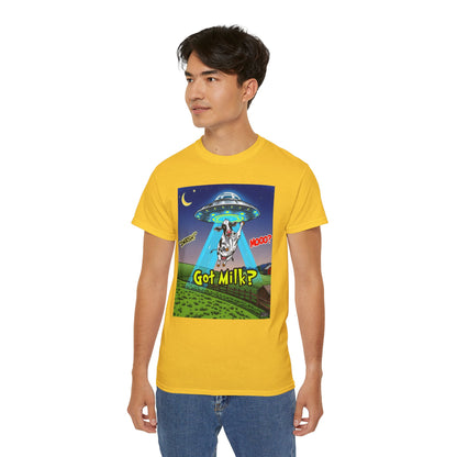 Got Milk? Funny Unisex Ultra Cotton Tee - Humorous Cow and UFO Design, graphic tee, t-shirts, tshirt, png, sublimation
