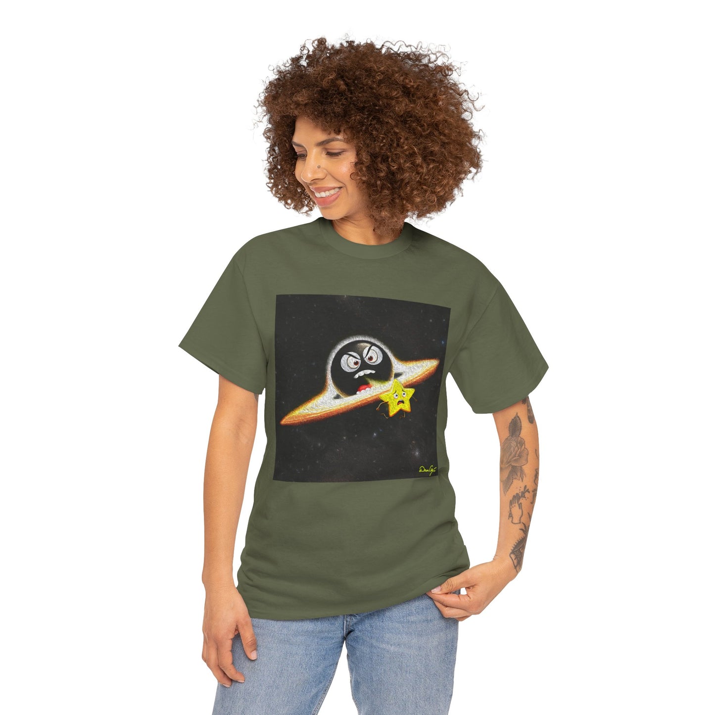 BlackHole Chasing Star, Space-Themed Unisex Heavy Cotton Tee with Cartoon Penguin Design, graphic design, png