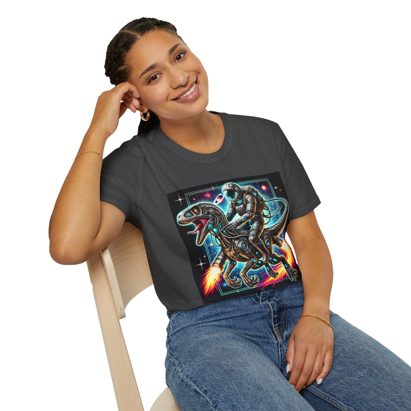 Cosmic Dinosaur Rider Softstyle T-Shirt | Fun Graphic Tee, Unique Gift, Space Lover Shirt, Sci-Fi Enthusiast Apparel