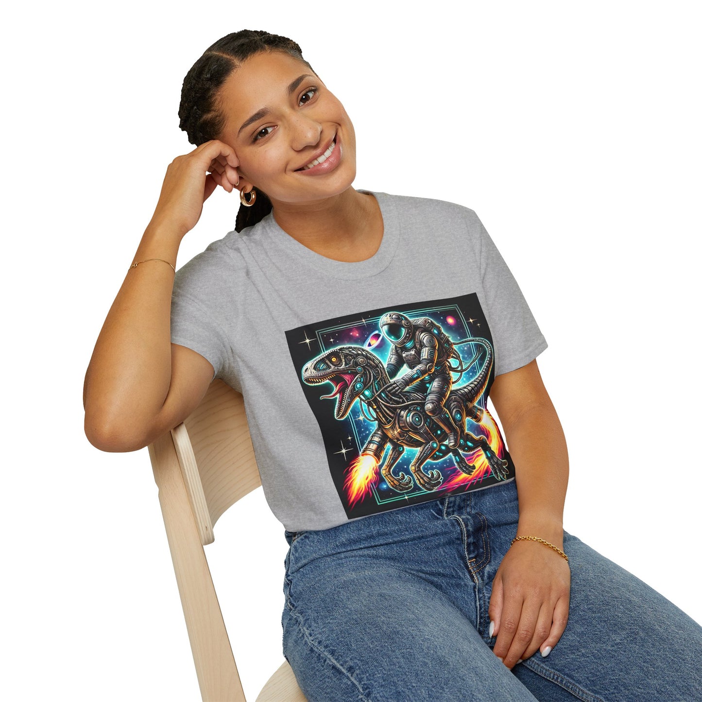 Cosmic Dinosaur Rider Softstyle T-Shirt | Fun Graphic Tee, Unique Gift, Space Lover Shirt, Sci-Fi Enthusiast Apparel