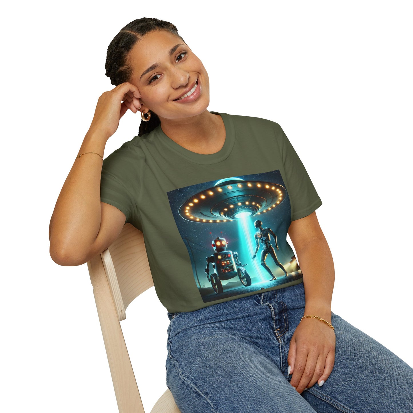Alien Encounter Unisex Softstyle T-Shirt | Sci-Fi Fan Gift, Superhero Tee, UFO Shirt, Casual Wear, Unique Graphic T-Shirt