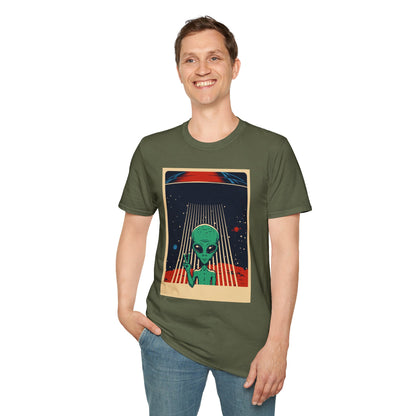 Cosmic Alien Peace Unisex Softstyle T-Shirt, Vintage UFO Tee, Space Lover Gift, Sci-Fi Fan Shirt, Trendy Graphic Tee, GraphicTees, t-shirts