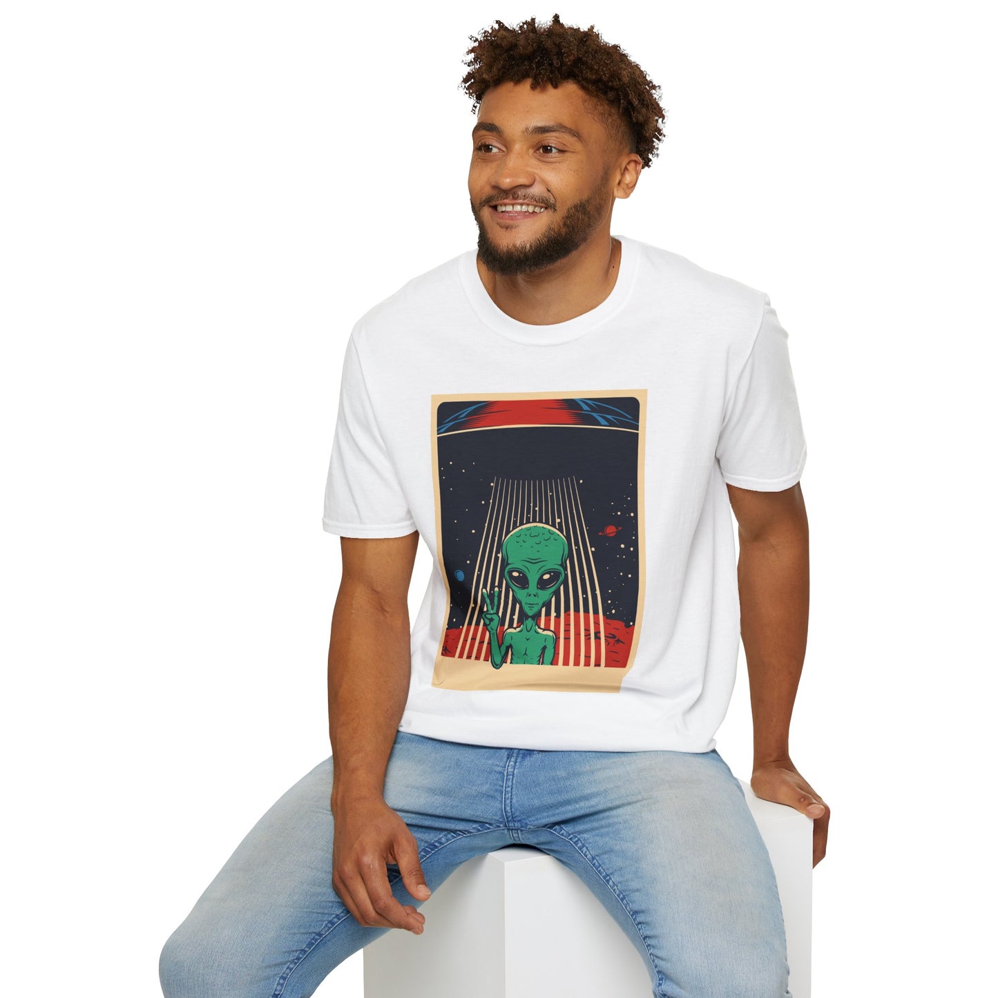 Cosmic Alien Peace Unisex Softstyle T-Shirt, Vintage UFO Tee, Space Lover Gift, Sci-Fi Fan Shirt, Trendy Graphic Tee, GraphicTees, t-shirts
