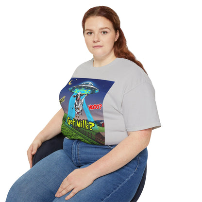 Got Milk? Funny Unisex Ultra Cotton Tee - Humorous Cow and UFO Design, graphic tee, t-shirts, tshirt, png, sublimation
