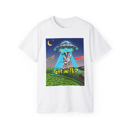 Got Milk? Funny Unisex Ultra Cotton Tee - Humorous Cow and UFO Design, graphic tee, t-shirts, tshirt, png, sublimation