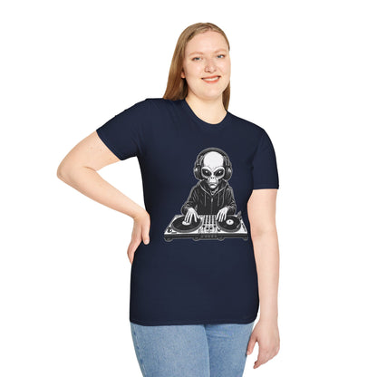 DJ Alien Graphic T-Shirt | Unisex Softstyle Tee for Music Lovers, Gifts for DJs, Cool Casual Wear, Festival Apparel, Unique Alien Design