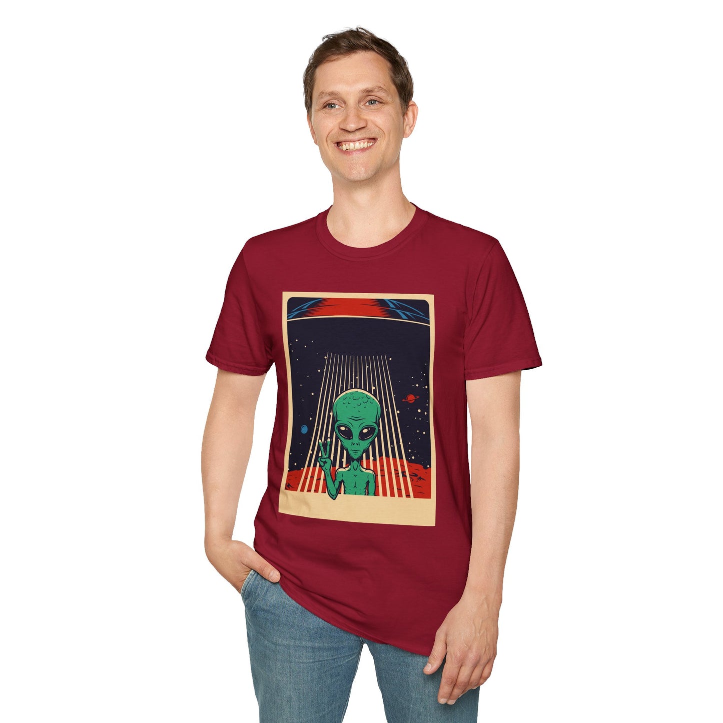 Cosmic Alien Peace Unisex Softstyle T-Shirt, Vintage UFO Tee, Space Lover Gift, Sci-Fi Fan Shirt, Trendy Graphic Tee, GraphicTees, t-shirts
