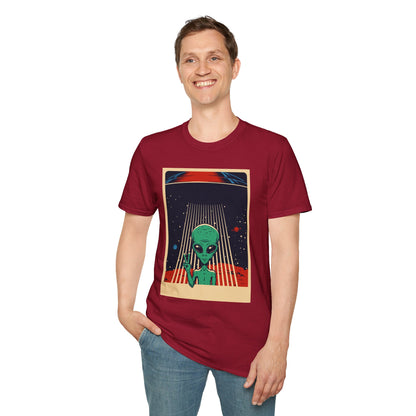 Cosmic Alien Peace Unisex Softstyle T-Shirt, Vintage UFO Tee, Space Lover Gift, Sci-Fi Fan Shirt, Trendy Graphic Tee, GraphicTees, t-shirts