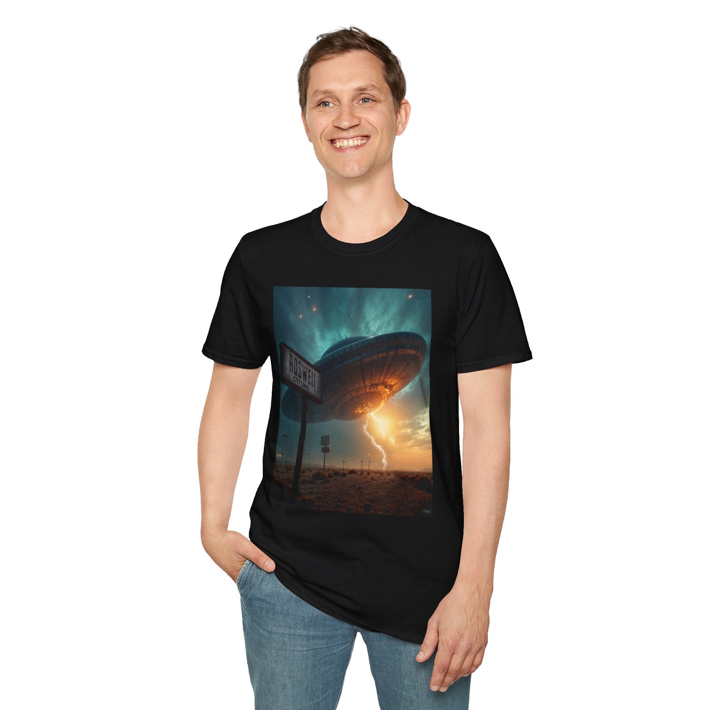 Roswell City Limits, Alien Sunset Softstyle T-Shirt | Unisex Graphic Tee, UFO Theme Shirt, Casual, Gift for Sci-Fi Lovers, Summer Fashion