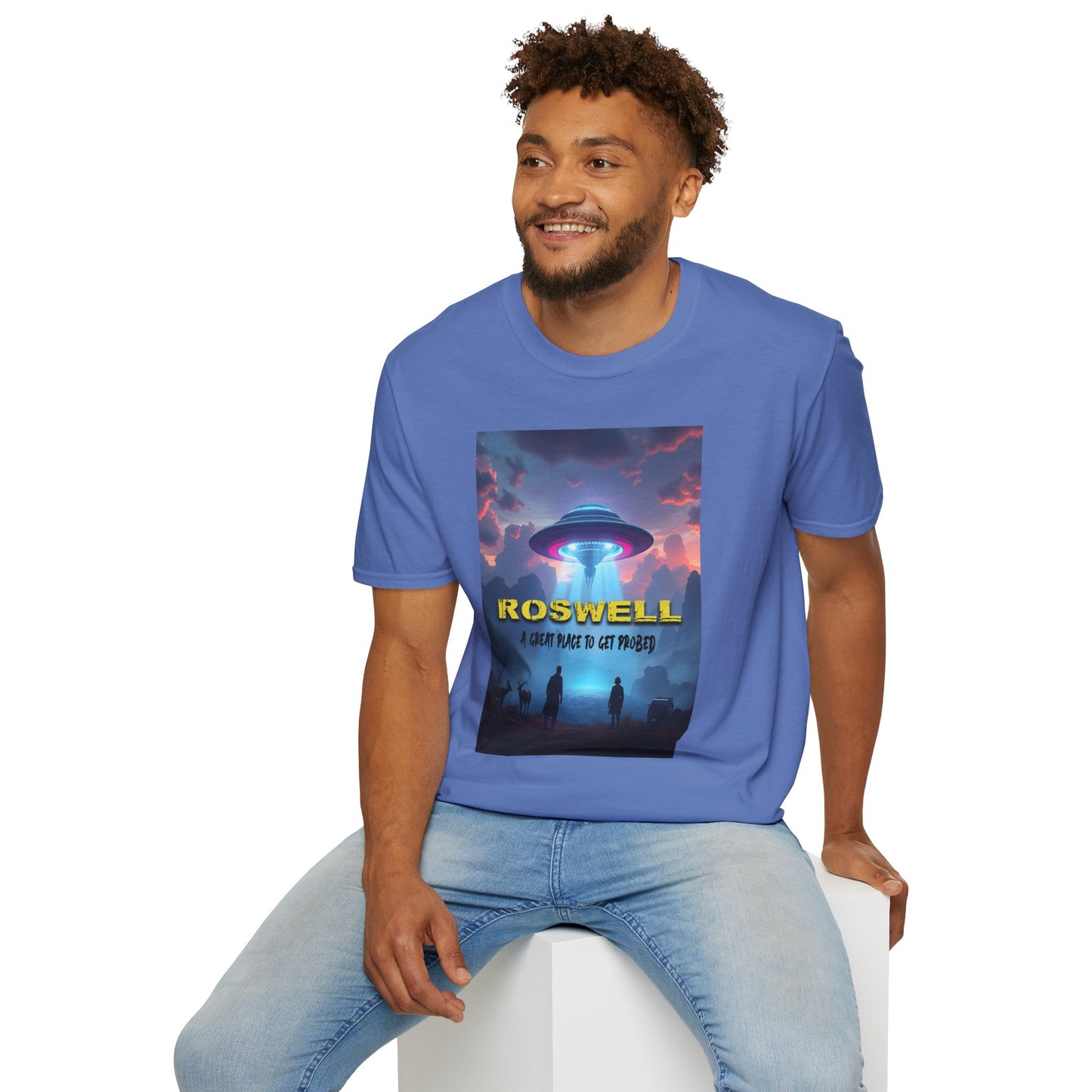 Roswell Probed Retro T-Shirt - Alien UFO Lover Gift, Sci-Fi Apparel, Extraterrestrial Tee, Unisex Softstyle Clothing, graphic design, png