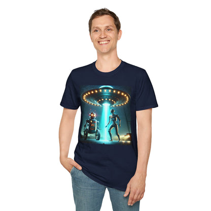 Alien Encounter Unisex Softstyle T-Shirt | Sci-Fi Fan Gift, Superhero Tee, UFO Shirt, Casual Wear, Unique Graphic T-Shirt