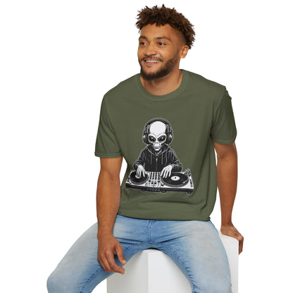 DJ Alien Graphic T-Shirt | Unisex Softstyle Tee for Music Lovers, Gifts for DJs, Cool Casual Wear, Festival Apparel, Unique Alien Design