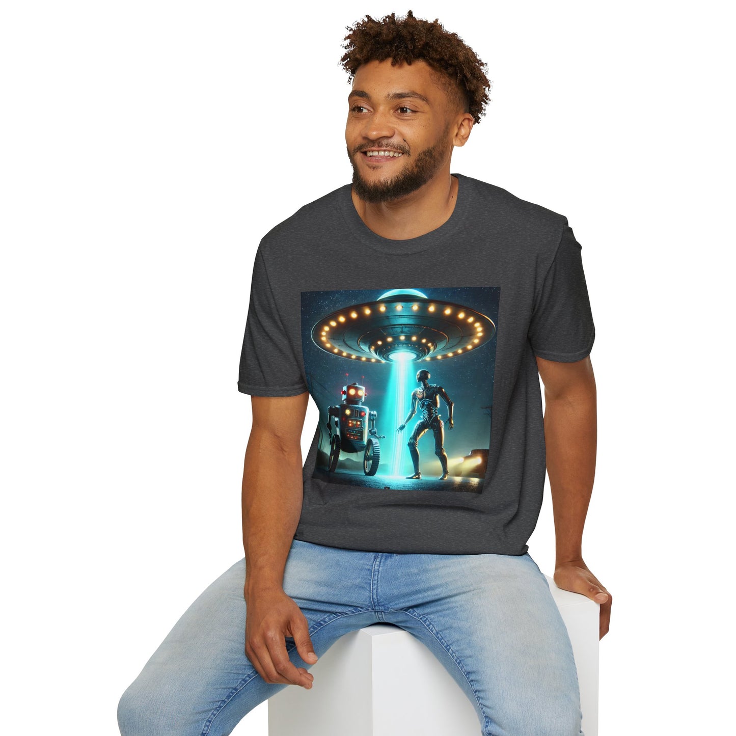 Alien Encounter Unisex Softstyle T-Shirt | Sci-Fi Fan Gift, Superhero Tee, UFO Shirt, Casual Wear, Unique Graphic T-Shirt
