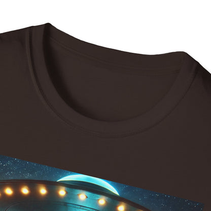 Alien Encounter Unisex Softstyle T-Shirt | Sci-Fi Fan Gift, Superhero Tee, UFO Shirt, Casual Wear, Unique Graphic T-Shirt