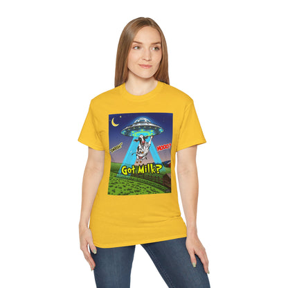 Got Milk? Funny Unisex Ultra Cotton Tee - Humorous Cow and UFO Design, graphic tee, t-shirts, tshirt, png, sublimation