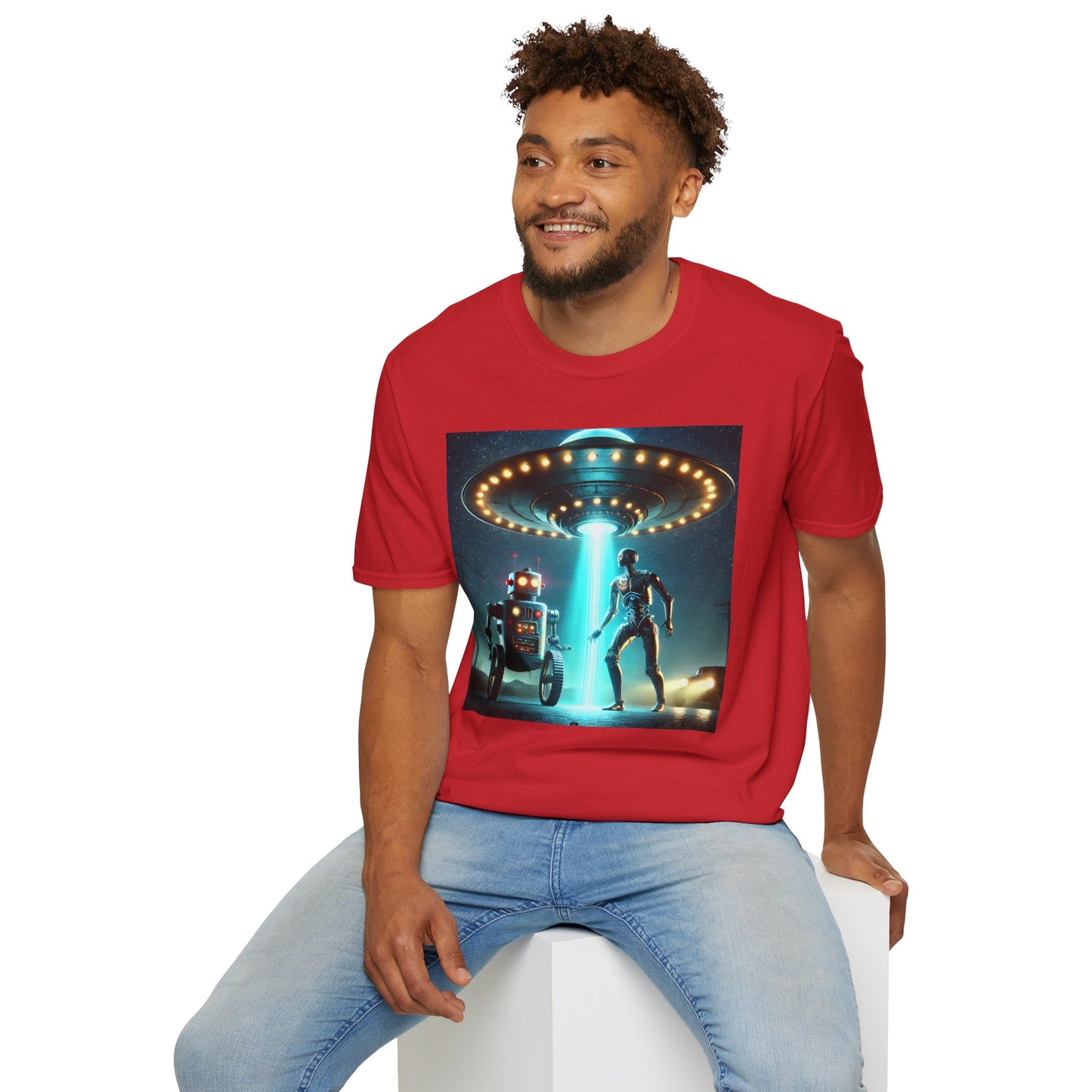 Alien Encounter Unisex Softstyle T-Shirt | Sci-Fi Fan Gift, Superhero Tee, UFO Shirt, Casual Wear, Unique Graphic T-Shirt