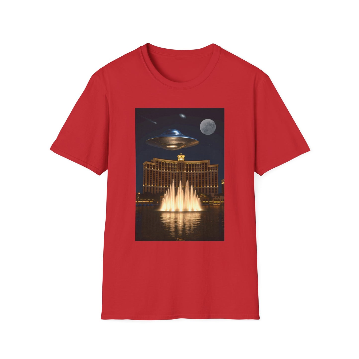 UFO over Las Vegas, Cosmic Vibes Unisex T-Shirt - UFO & Moon Design, Relaxed Fit Tee for Space Lovers, Gift for Sci-Fi Fans, Casual Wear, Everyday Essentials, t-shirt, tshirt, png