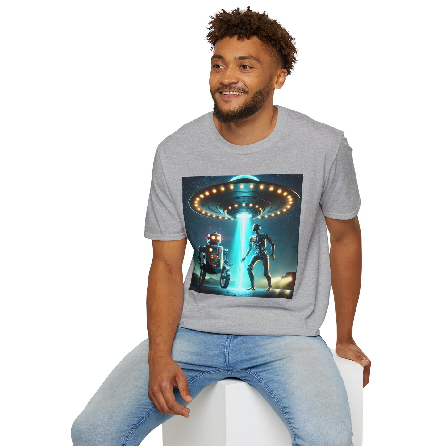 Alien Encounter Unisex Softstyle T-Shirt | Sci-Fi Fan Gift, Superhero Tee, UFO Shirt, Casual Wear, Unique Graphic T-Shirt