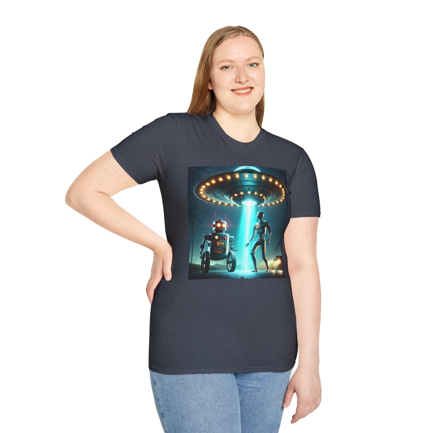 Alien Encounter Unisex Softstyle T-Shirt | Sci-Fi Fan Gift, Superhero Tee, UFO Shirt, Casual Wear, Unique Graphic T-Shirt