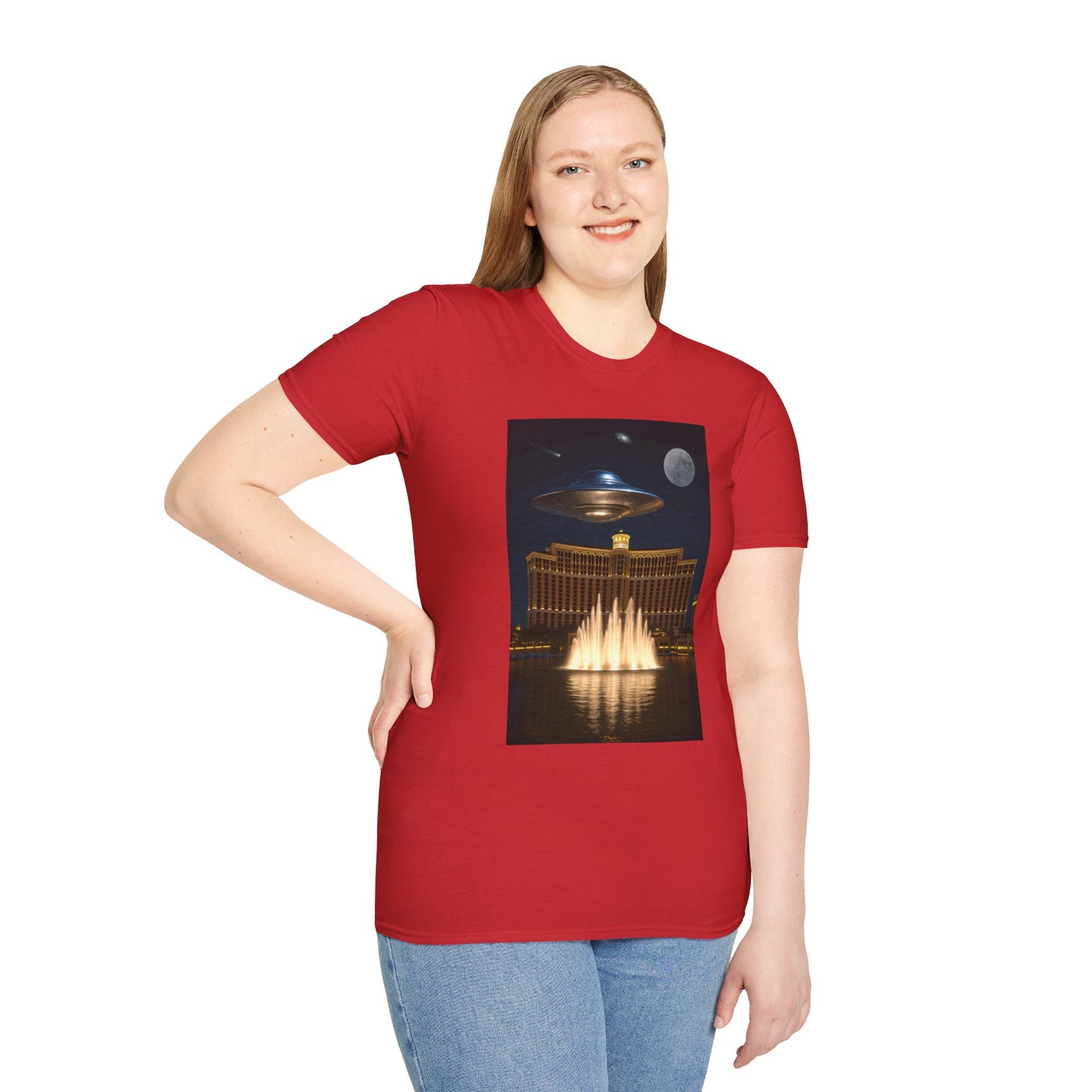 UFO over Las Vegas, Cosmic Vibes Unisex T-Shirt - UFO & Moon Design, Relaxed Fit Tee for Space Lovers, Gift for Sci-Fi Fans, Casual Wear, Everyday Essentials, t-shirt, tshirt, png
