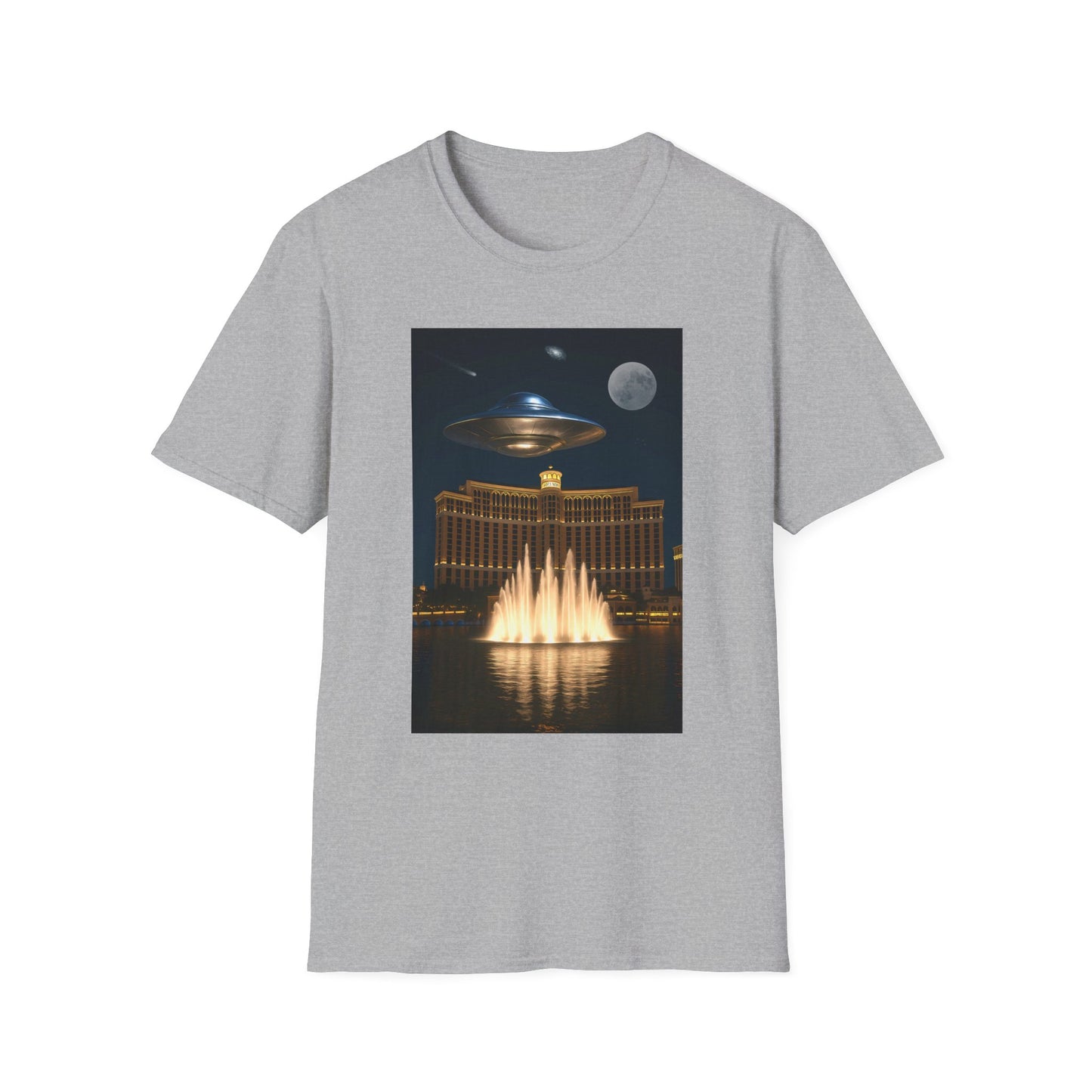 UFO over Las Vegas, Cosmic Vibes Unisex T-Shirt - UFO & Moon Design, Relaxed Fit Tee for Space Lovers, Gift for Sci-Fi Fans, Casual Wear, Everyday Essentials, t-shirt, tshirt, png