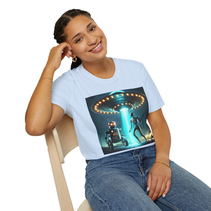Alien Encounter Unisex Softstyle T-Shirt | Sci-Fi Fan Gift, Superhero Tee, UFO Shirt, Casual Wear, Unique Graphic T-Shirt